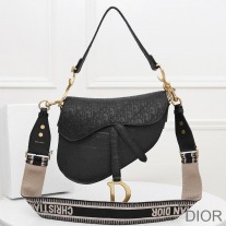 Christian Dior Saddle Bag Oblique Embossed Calfskin Black