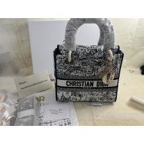 Dior Medium Lady D-Lite Bag 24cm Embroidery Black White
