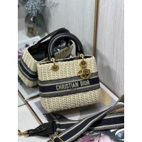 Dior basket bags - Dior Medium Lady Bag Natural Wicker and Blue Dior Oblique Jacquard