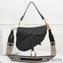 Christian Dior Saddle Bag Oblique Embossed Calfskin Black