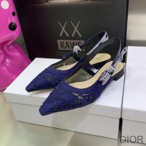 J'Adior Slingback Ballerina Flats Women D-Lace Macrame Motif Mesh Navy Blue - Dior Bag Outlet Official