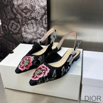 J'Adior Slingback Ballerina Flats Women Petites Fleurs Motif Cotton Black - Dior Bag Outlet Official