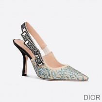 J'Adior Slingback Pumps Women Brocart Motif Cotton Blue - Dior Bag Outlet Official