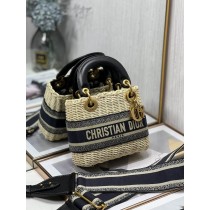 Dior basket bags - Dior Mini Lady Bag Natural Wicker and Blue Dior Oblique Jacquard