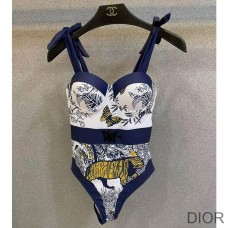 Dior Tie Shoulder Swimsuit Women Tiger Butterfly Print with Logo Lycra Blue - Dior Bag Outlet Official