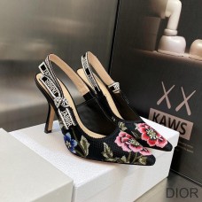 J'Adior Slingback Pumps Women Petites Fleurs Motif Cotton Black - Dior Bag Outlet Official