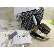 Dior Saddle Bag with Studs Strap Blue Dior Oblique Jacquard